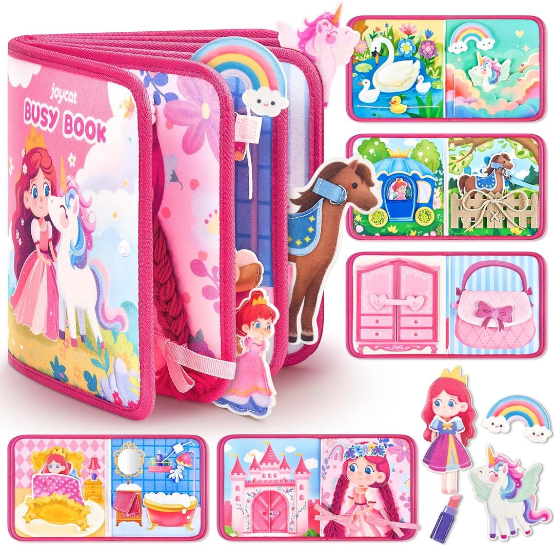 JoyCat Travel Toys for Toddlers 1-3, Princess Busy Book Busy Book for 1 Year Old, Dress-Up, Unicorn & Castle Play Quiet Toy Fine Motor Skills, Easter Basket Stuffers Gifts for Kids Girl