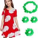 Hawaiian Red Dress for Cosplay Halloween Costume with Leaf Print Summer Beach Party Outfit (Red)
