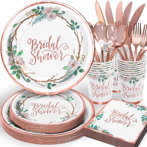 Gudvilla Rose Gold Bridal Shower Decorations, 168Pcs Bridal Shower Plates and Napkins Sets, Floral Paper Plates Serve 24, Love is In Bloom, Bride To Be, Wedding Shower, Bachelorette Party