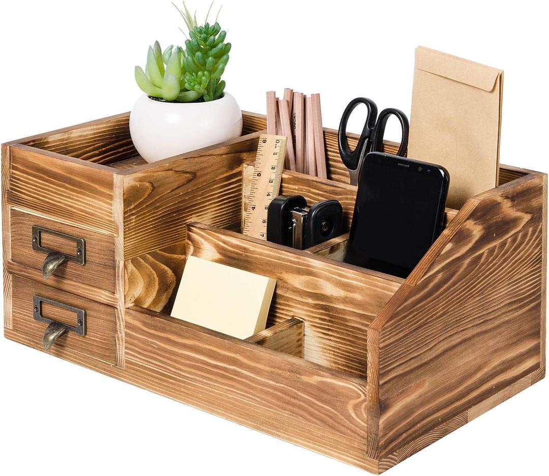 Liry Products Rustic Wooden Desktop Organizer Office Supplies Brown Tabletop Storage Cabinet Stepped Rack Multiple Compartments 2 Tier Drawers Makeup Accessory Jewelry Sorter Display Box Home Office