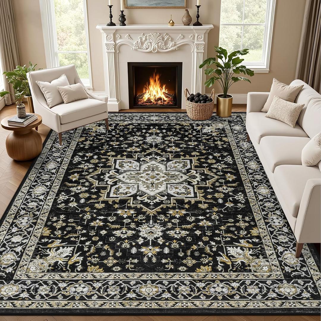 10x12 Area Rugs Living Room: Washable Rug for Bedroom Black Gold | Vintage No Slip Stain Resistant Rug Soft Indoor Decor Floor Floral Area Rugs for Dining Room, Nursery, Hallway, Home Office