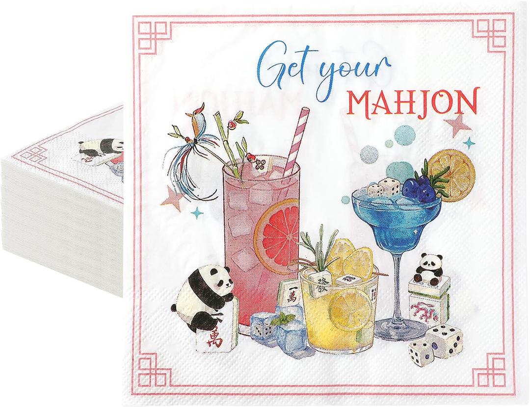 50 Pack Mahjong Cocktail Napkins Pink Disposable Mahjong Paper Napkins Decorative Party Napkins for Mahjong Games Night Birthday Party Supplies