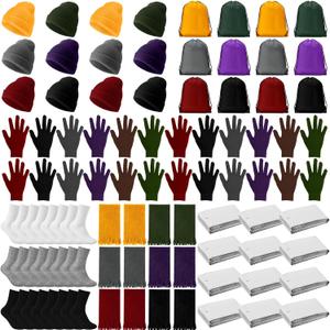 Suhine 72 Pcs Homeless Care Package Supplies Bulk Winter Emergency Blanket Glove Beanies Scarves Sock Drawstring Bag Unisex (Warm Color)