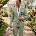 Beige Men's Linen Suit 2 Piece Slim Fit Summer Beach Wedding Dress Prom Party Suit Blazer Jacket and Pants (Green, M)