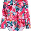Girls Long Sleeve Swimsuit One Piece Bathing Suit Zipper UPF 50+ Rash Guard Swimwear (Pink, S)