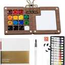 Mini Watercolor Paint Set Pocket Artist Watercolor Travel Set with Mini Paint Palette,Brushes, 12 Colors, Watercolor Sketchbook for Artists Painters Students(Wood)