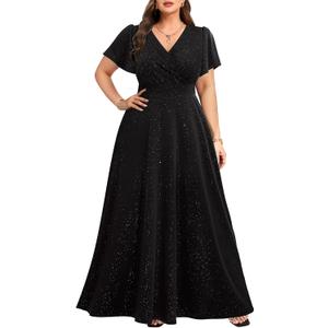 Pinup Fashion Women Plus Size Formal Dresses - Evening Gowns Wedding Guest Glitter Prom Long Dress (Black, 20W)