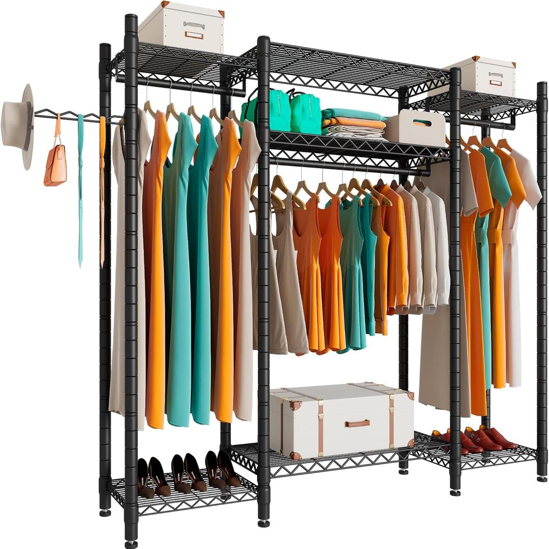 PUNION Heavy Duty L Shaped Clothes Rack with 7 Shelves, Sturdy Metal Wardrobe Closet Rack for Hanging Clothes, 56" L x 14" W x 71" H, Max Load 520lbs, Black