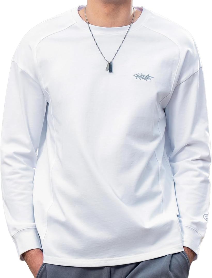 ZVX Heavy-Duty Pure Cotton Casual Long Sleeved T-Shirt for Men's Autumn Fashion Brand Contrasting Color T-Shirt (White, XL)