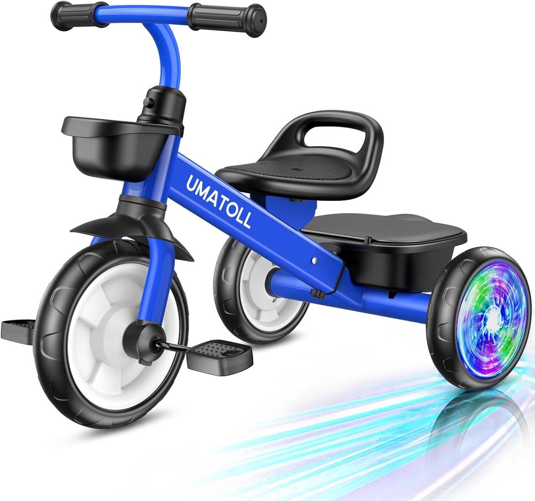 Umatoll Tricycle for Toddlers 2-5 Year Old, Ajustable Toddler Bike Outdoor Toys, Birthday Gift for Boy Girl Age 2-4, Trike with Light up Wheels (Blue)