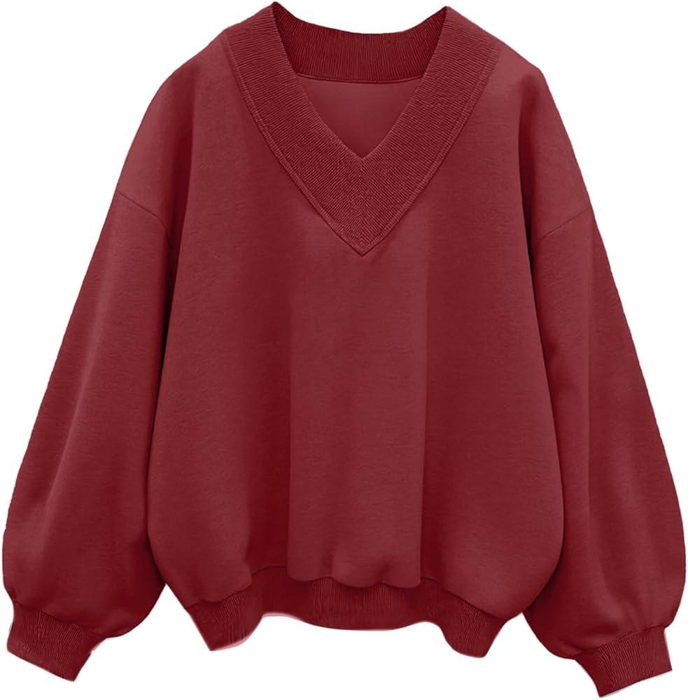 Hilinker Womens V Neck Oversized Sweatshirts Casual Drop Shoulder Long Sleeve Pullover Tops. L Size