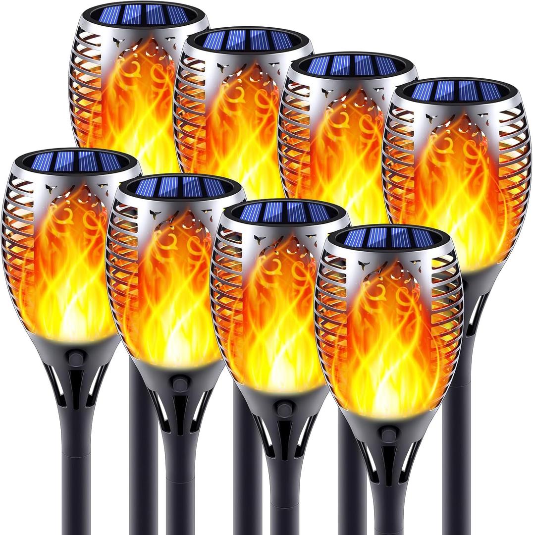 Solar Torch Lights with Flickering Flame, Fire Effect Garden Light, Auto On/Off Dust to Dawn, Outdoor Waterproof Landscape Decoration, Powered Security Light for Patio, 8 Pack