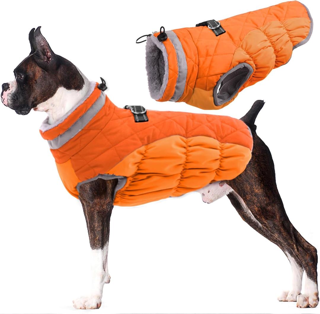 Lelepet Dog Coat Warm Dog Winter Coat Waterproof Dogs Jacket with Harness Built in Reflective Pet Fleece Vest Zip-Up Cold Weather Coats for Dogs Turtleneck Windproof Blaze Orange Large