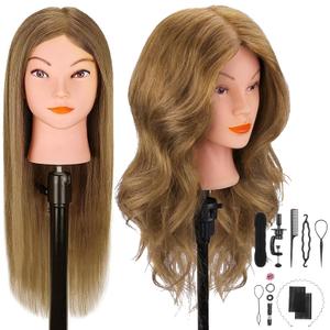 Mannequin Head with 100% Real Hair for Cosmetology, CENOZ 18" Light Brown Hairdresser Training Head with Clamp Holder and Tool, Doll Head Mannequin Head for Hair Styling Practice