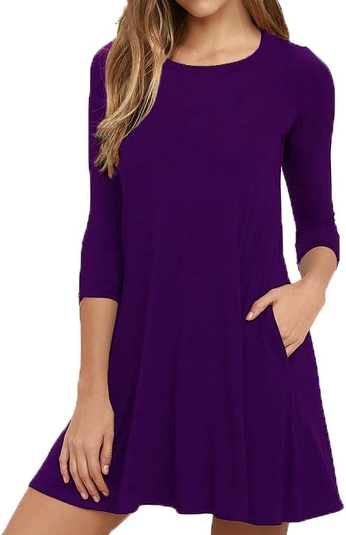 VIISHOW Womens Round Neck 3/4 Sleeves A-line Casual Tshirt Dress with Pocket (Medium, Purple)