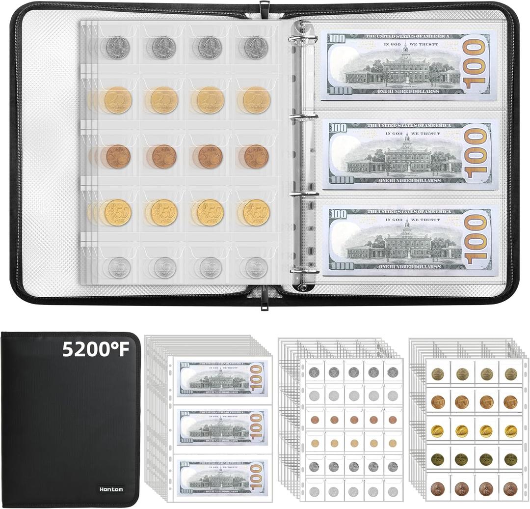 Coin Collection Album with 5200 Heat Insulate,400 Pockets Fireproof Coin Book & 36 Paper Money Organizer Binder with Aluminum Foil Lining for Coin Currency Holder,Pennies,Bill,Tokens,Badges