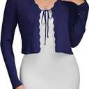 CARDYDONY Women's Cropped Cardigan Tie Front Long Sleeve Rib Knit Bolero Shrug Sweaters, Navy Blue Medium