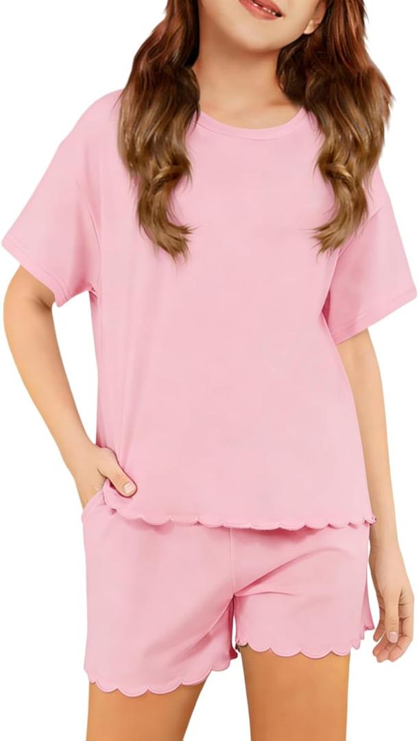 Girls Two Piece Sets Embroidery Ruffled Short Sleeve Tshirts & Shorts With Pockets Summer Outfits Size 5-14 Years