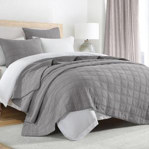 HORIMOTE HOME 100% Cotton Quilt Set King Size, Grey Pre-Washed Bedspreads Coverlet Set in Geometric Pattern, Cozy Lightweight Stitching Decorative Bedding Cover with 2 Shams for All Season