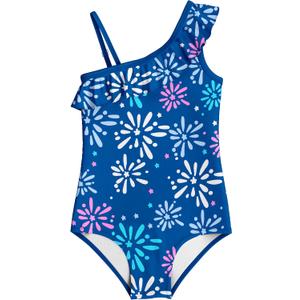 LQSZ Girls One Piece Swimsuit One Shoulder Ruffle Bathing Suit Summer Swimwear (3-4T, Blue-style22)