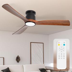 52-inch Ceiling Fan with Lights, Wooden Flush Mount Ceiling Fans with Remote Control, Dimmable Light,3 CCT,6 Speeds, Noiseless DC Motor, Ceiling Fan for Bedroom, Living Room, Office, Indoor, Dark Brown (Low Profile+Walnut Wood+Black Body)