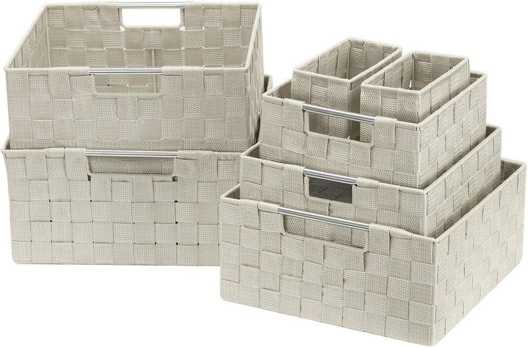Sorbus Storage Baskets for Organizing (Set of 7), Mesh Hand-Woven Design, Linen Closet Organizers and Storage, Organizer Storage Baskets for Shelves, Variety Pack Organizers and Storage (Beige)