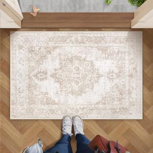 Area Rug 2x3 Vintage Rug: Small Washable Indoor Medallion Entryway Rug Low Pile Distressed Floor Carpet Retro Accent Doormat for Bedroom Bathroom Hallway Kitchen Home Office(Beige, 2'x3')