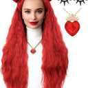 Long Wavy Red Wig with Braided Hair Buns Wig Including Red Necklace and Earrings for Cosplay, Costume, Halloween Party (Adult)