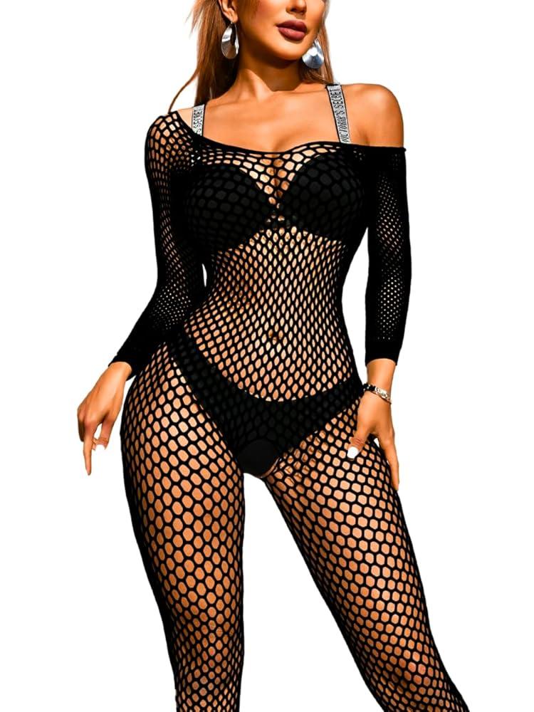 Women Fishnet Bodystocking Attached Stockings Sexy Lingerie Crotchless Bodysuit One Piece Babydoll One Size Black