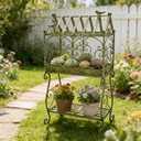 Vintage 2-Tier Metal Plant Stand with House-Shaped Planter Tray, Distressed Green Rustic Plant Shelf with Succulent Tray for Indoor Outdoor Garden, Patio & Balcony Decor