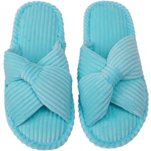Enteer Women's Corduroy Bow Memory Foam Slippers, Open Toe Cross Band Non-Slip Indoor Outdoor House Slippers