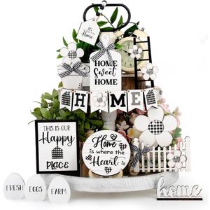 Tatuo 18 Pcs Farmhouse Tiered Tray Decor Set Home Wooden Signs Rustic Home Tiered Tray Decorations Buffalo Plaid Farmhouse Tabletop Wood Signs for Kitchen Table Shelf Decor