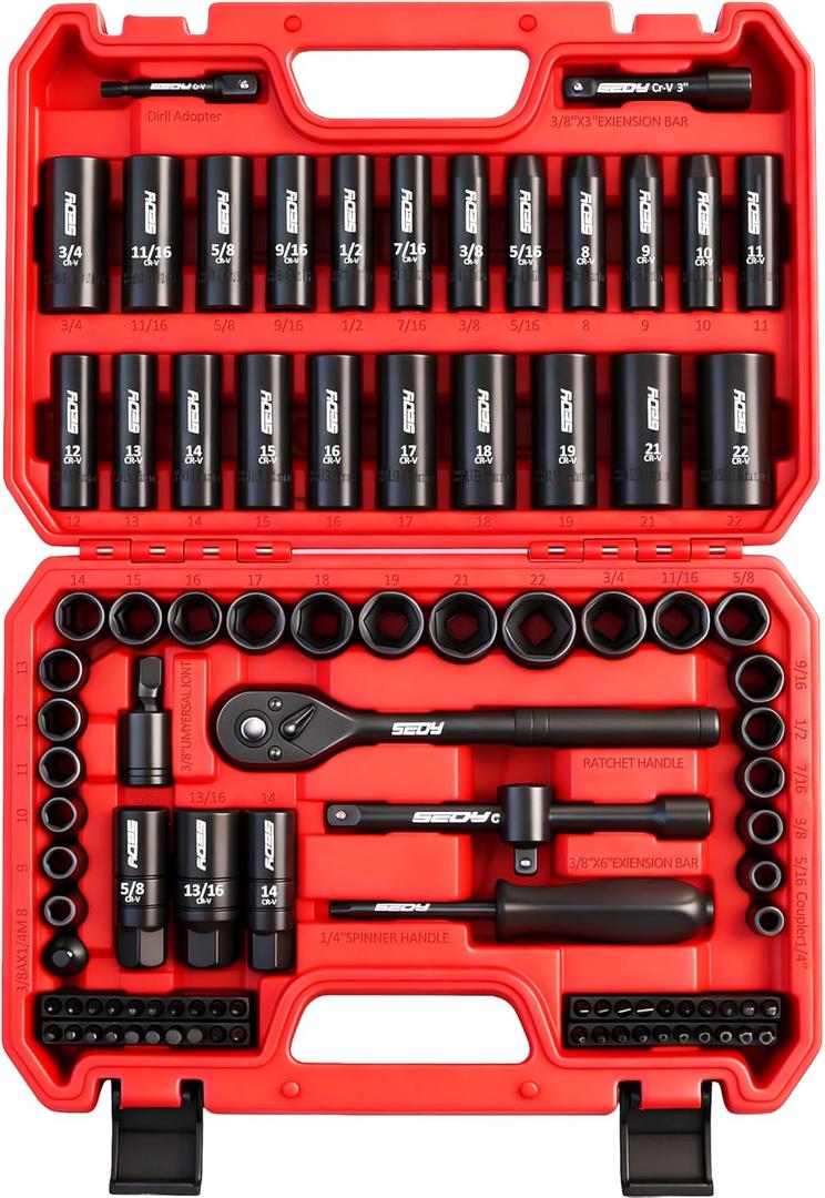 96-Piece 3/8" Drive Impact Socket Wrench and Bit Set, SAE 5/16-3/4 & Metric 8-22mm, Cr-V Standard & Deep Sockets, Power Bits, Ratchet Handle, Universal Joint, Bit Holder, Adapters, Spark Plug Socket