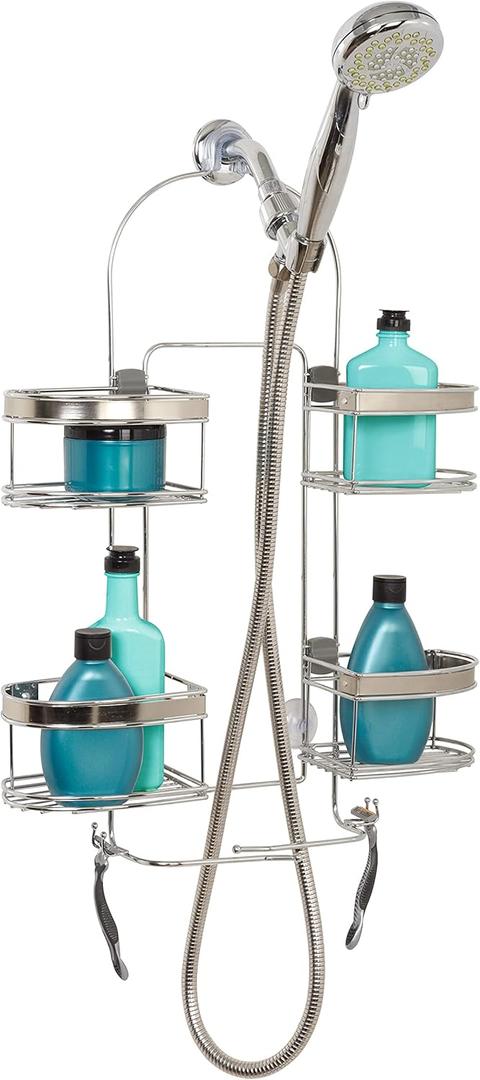 Zenna Home Shower Caddy Hanging Bathroom Organizer, Shower Shelves with 4 Expandable Baskets and Built in Hooks, Over Handheld Shower Head Storage System, Chrome with Brushed Nickel Accents