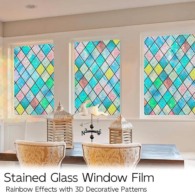 Linarun Stained Glass Window Film Rainbow Window Privacy Film 3D Decorative Static Cling Door Glass Decals Non Adhesive Removable for Home Office 60x300cm