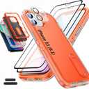Case is Specially Designed for iPhone 11 6.1 Inch, Full Body Protection Heavy Duty Shock Absorbing 3 in 1 Silicone Rubber Built-in Stand with 2 Tempered Screen Protectors-Orange/Clear