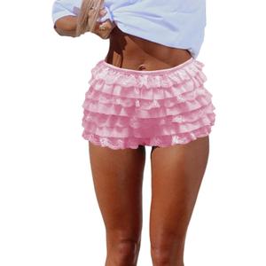 Women Y2K Lolita Bloomers Lace Mesh Ruffle Fairy Short Sexy Layered Pettipants Coquette Boy Shorts (Small, Pink)