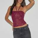 Womens Halter Tank Top Sexy Sleeveless Sequin Floral Print Back Tie Up Slim Fitted Backless Crop Vest (Red, M)