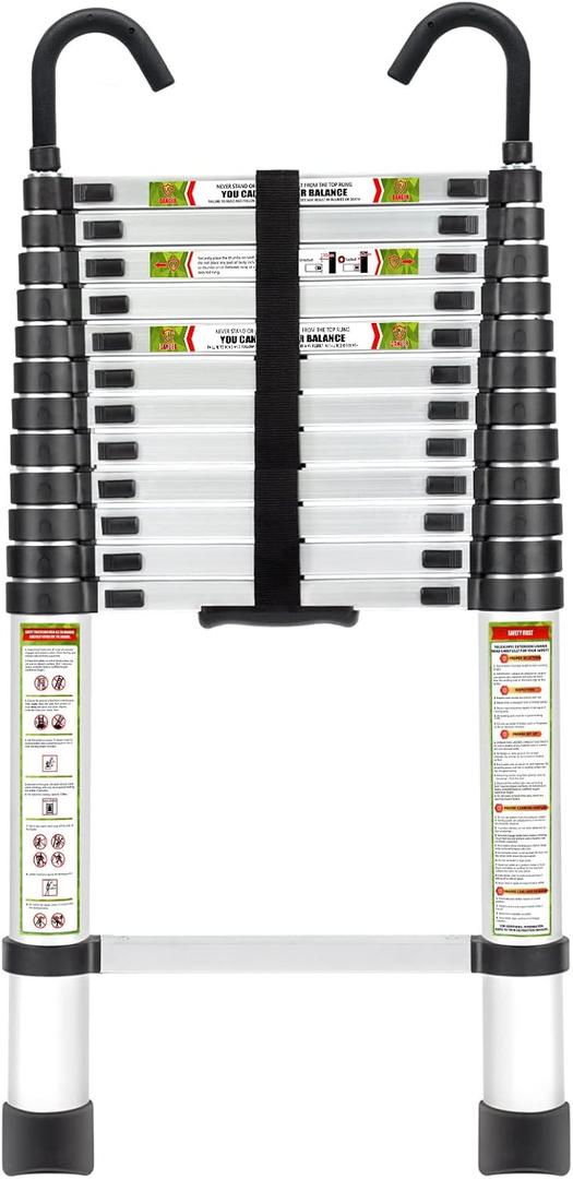 RIKADE Telescopic Ladder, 16.5FT Aluminum Telescoping Ladder with Stable Hook and Non-Slip Feet, Portable Extension Ladder for Household and Outdoor Working, Max Load 330lbs, Aluminum