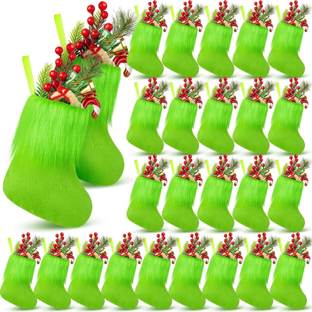 Soulchen 24 Pcs Mini Christmas Stockings 7 Inch Green Hanging Faux Fur Christmas Stockings Small Fireplace Hanging Decor Socks Treat Bag Candy Pouch for Xmas Tree Decorations Holiday Family Party Gift