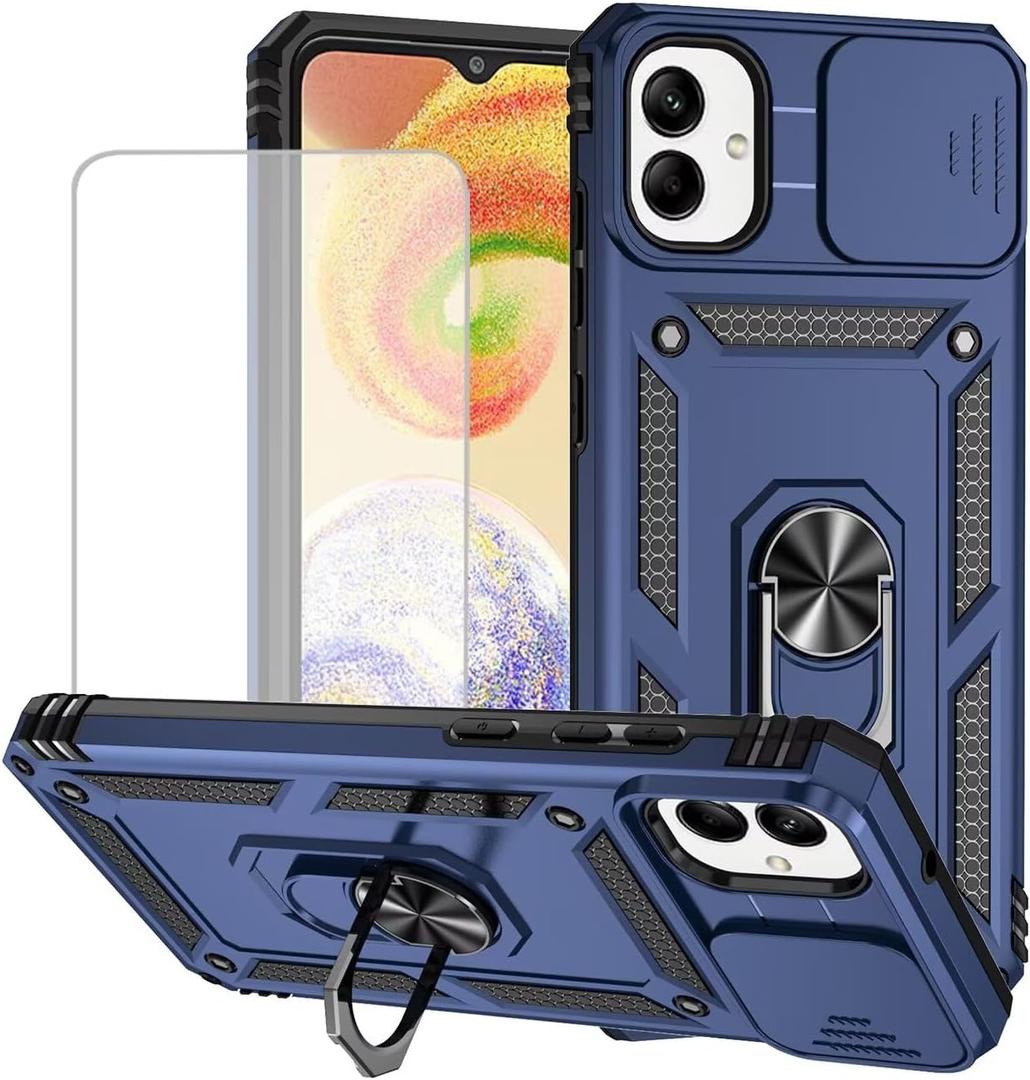 Yodueiv for Galaxy A05 Case, Samsung A05 SM-A055F Case with Tempered Glass Screen Protector and Slide Camera Cover, Magnetic Ring Car Mount Holder Protective Cover for Samsung Galaxy A05 Blue