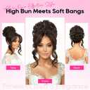REECHO Messy Bun Hair Piece with Bangs - 2-in-1 Hair Bun Hairpieces Curly Updo Wig & Hair Topper with Long Side Bangs Natural-Looking Drawstring Ponytail Extension for Women - Black Brown