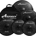 Arborea Low Volume Cymbal Pack Black 14"hi-hat+16"crash+18"crash+20"ride 5 Pieces Practice Mute Cymbal Set for Drums
