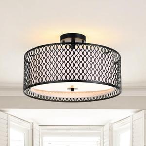 17" Semi Flush Mount Ceiling Light Fixture, Modern 3-Light E26 Double Drum Ceiling Lighting with Matte Black Iron Mesh Cage for Living Room Bedroom Hallway Entryway, Black