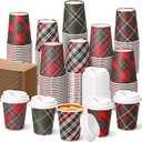 Cunhill 100 Set Christmas Disposable Coffee Cups 9oz with Lids & Sleeves Bulk Durable Thickened Paper Christmas Coffee Cups for Hot Chocolate Hot Cocoa Cold Drinks Xmas Party Supplies(Classic)