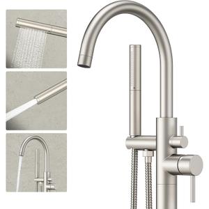 Freestanding Bathtub Faucet Brushed Nickel Tub Filler Floor Mount Free Standing Metal Bathroom Tub Gooseneck Spout with 2 Function Hand Shower
