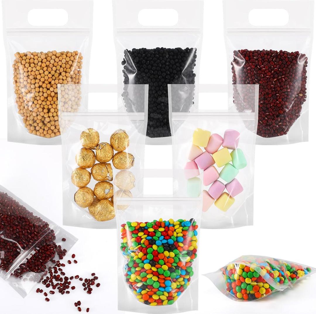 Sinload 60 Pcs Plastic Gift Bag Bulk 5.5 x 8.7 Inch Resealable Party Goodie Bag with Clear Window Color Favor Pouch with Handle for Home Birthday Wedding Party Candy Gift Wrap(Transparent) (1 Count (Pack of 60))