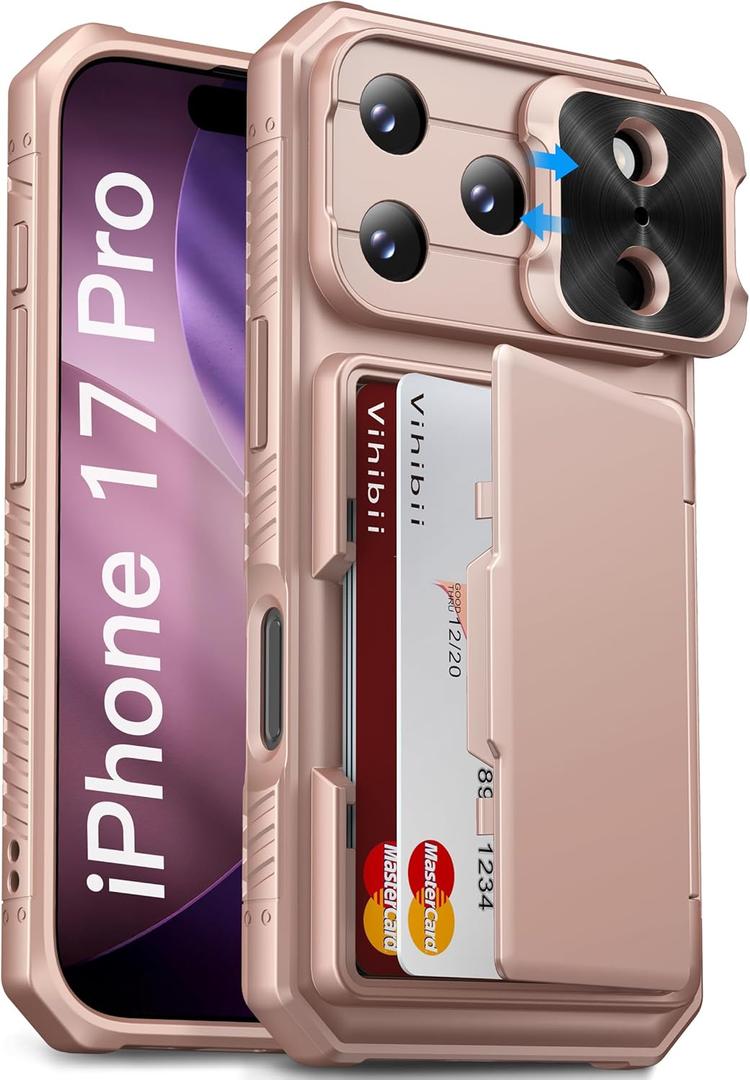 Vihibii for iPhone 17 Pro Case Wallet with Card Holder (4 Cards) [RFID Blocking] & Slide Camera Cover, Military Grade Drop Protection, Rugged Back & Silicone Edge Phone Case 6.3" 5G 2025, Rose Gold