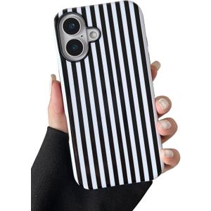Compatible with iPhone 16 Case Cute Aesthetic Striped Phone Case for Women Girl Shockproof Slim TPU and Hard PC Protective Cover (Black)
