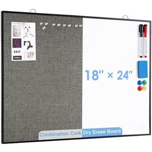 ARCOBIS Cork Board White Board Combo, 24"X18" Linen Bulletin Board Whiteboard for Wall, Double-Sided Magnetic Dry Erase Corkboard for Home, Office, School, Grey